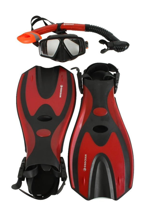 OzOcean Abrolhos Adult Mask, Fin and Snorkel Set - Red/Black (L/XL)