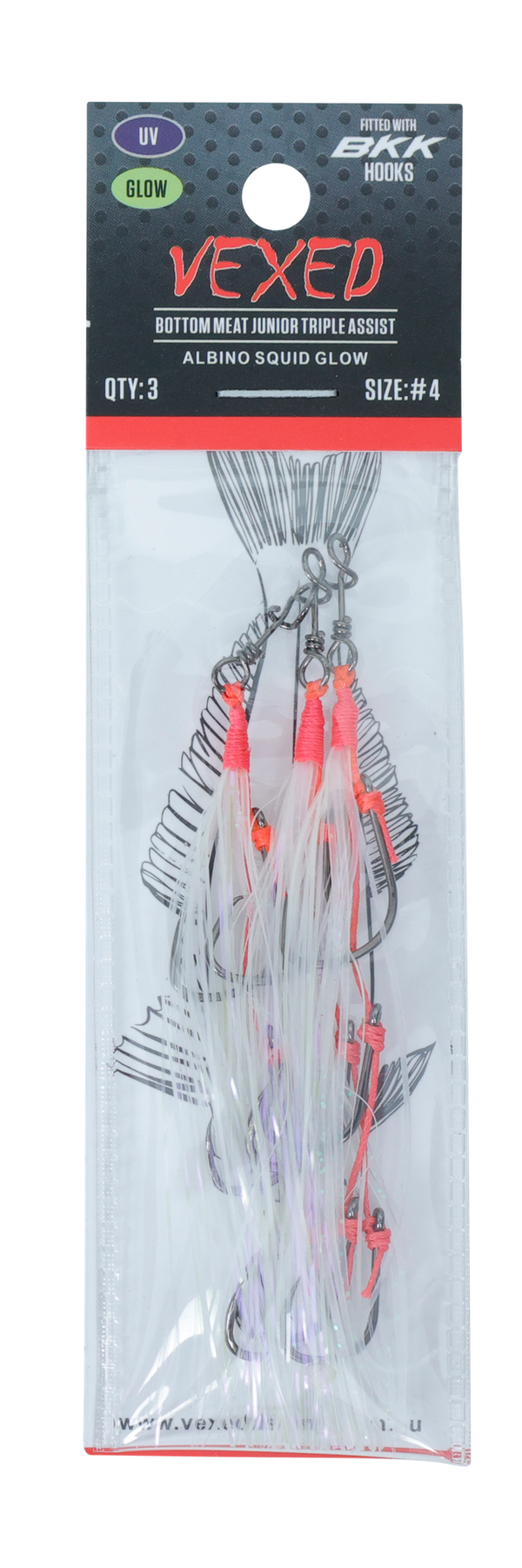 Vexed Bottom Meat Junior Triple Assist Hooks Albino Squid Glow (Assorted Hook Sizes)