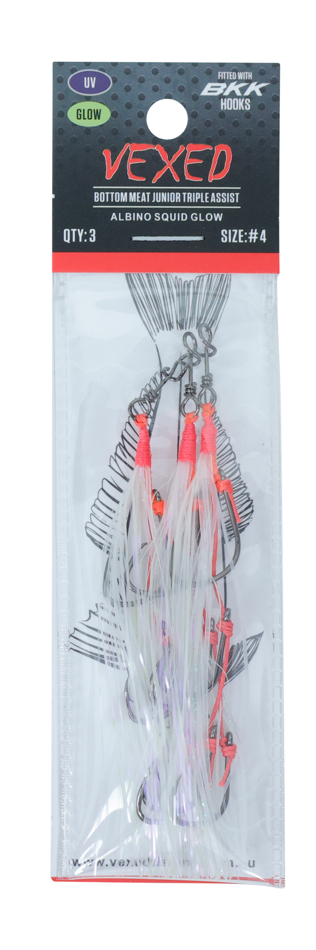 Vexed Bottom Meat Junior Triple Assist Hooks Albino Squid Glow (Assorted Hook Sizes)