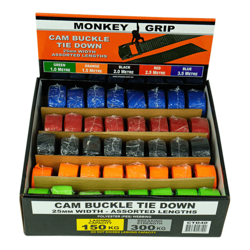 Monkey Grip Cam Buckle Tie Down Assortment Pack 25mm Webbing (1.5m) - Orange