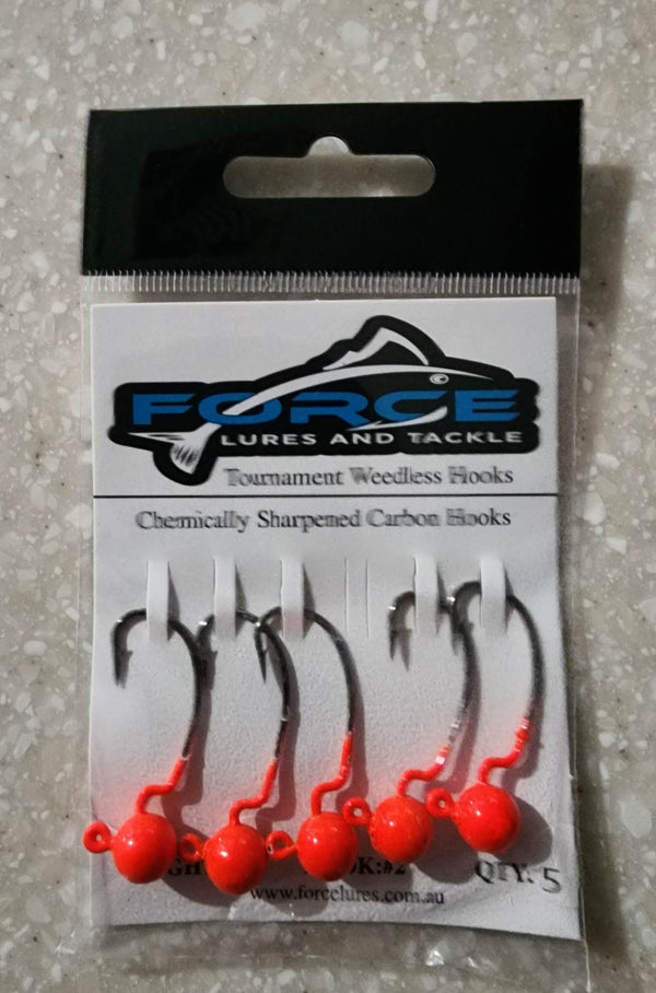 Force Lures & Tackle Weedless Jig heads Orange Hook Size 2 (Assorted Weights)