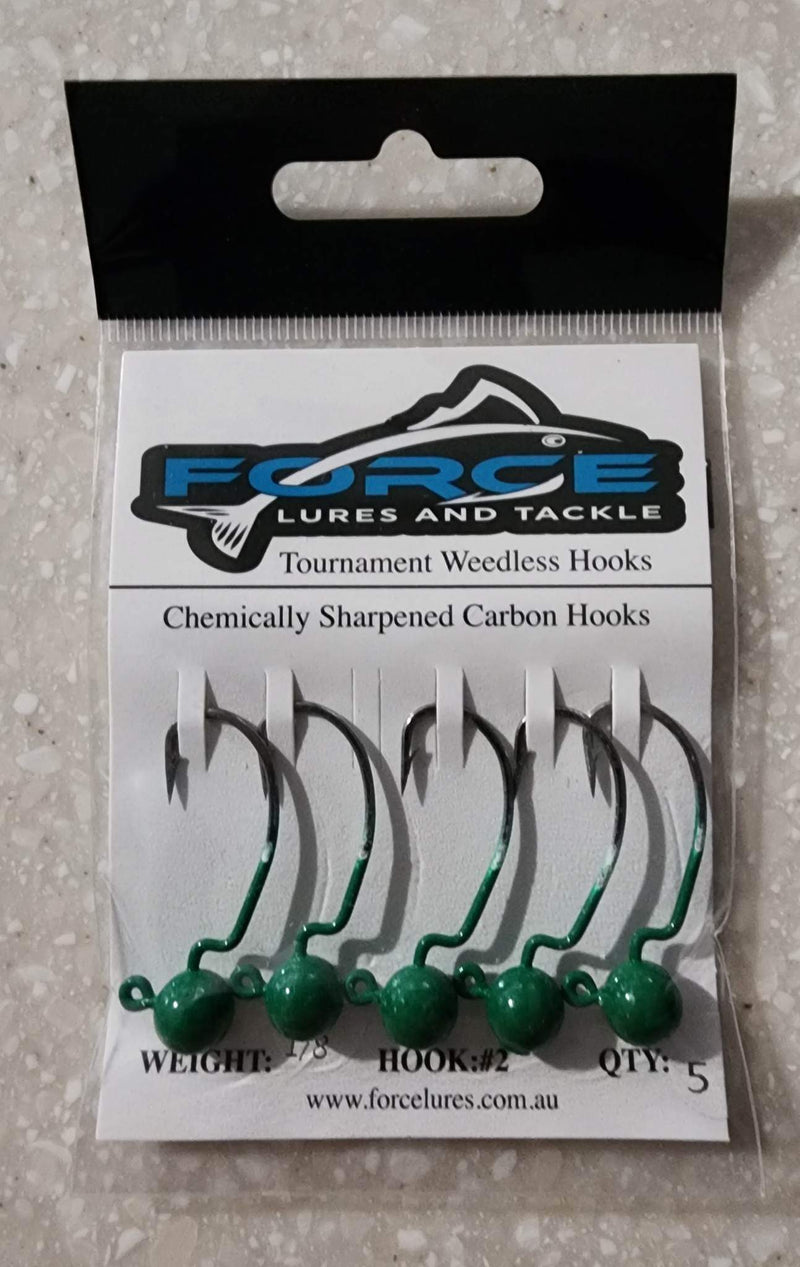 Force Lures & Tackle Weedless Jig Heads Green Hook Size 2 (Assorted Weights)