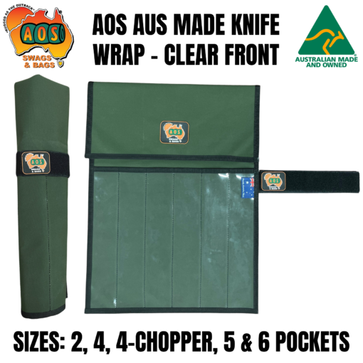 Aussie Outback Supplies (AOS) Canvas Clear Front Knife, Tool & Utensil Wrap Roll with Touch Tape Closure (Australian Made)