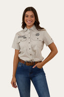 Ringers Western Womens Signature Jillaroo Full Button Short Sleeve Work Shirt - Beige / Navy
