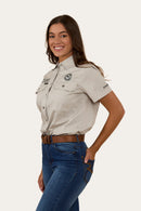 Ringers Western Womens Signature Jillaroo Full Button Short Sleeve Work Shirt - Beige / Navy