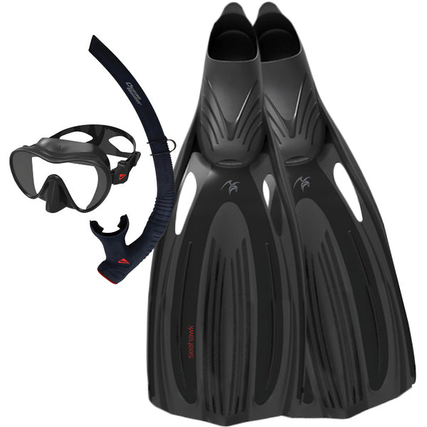Ocean Hunter Black Seahawk Mask, Snorkel & Fin Set (Size Large 10.5/11.5)