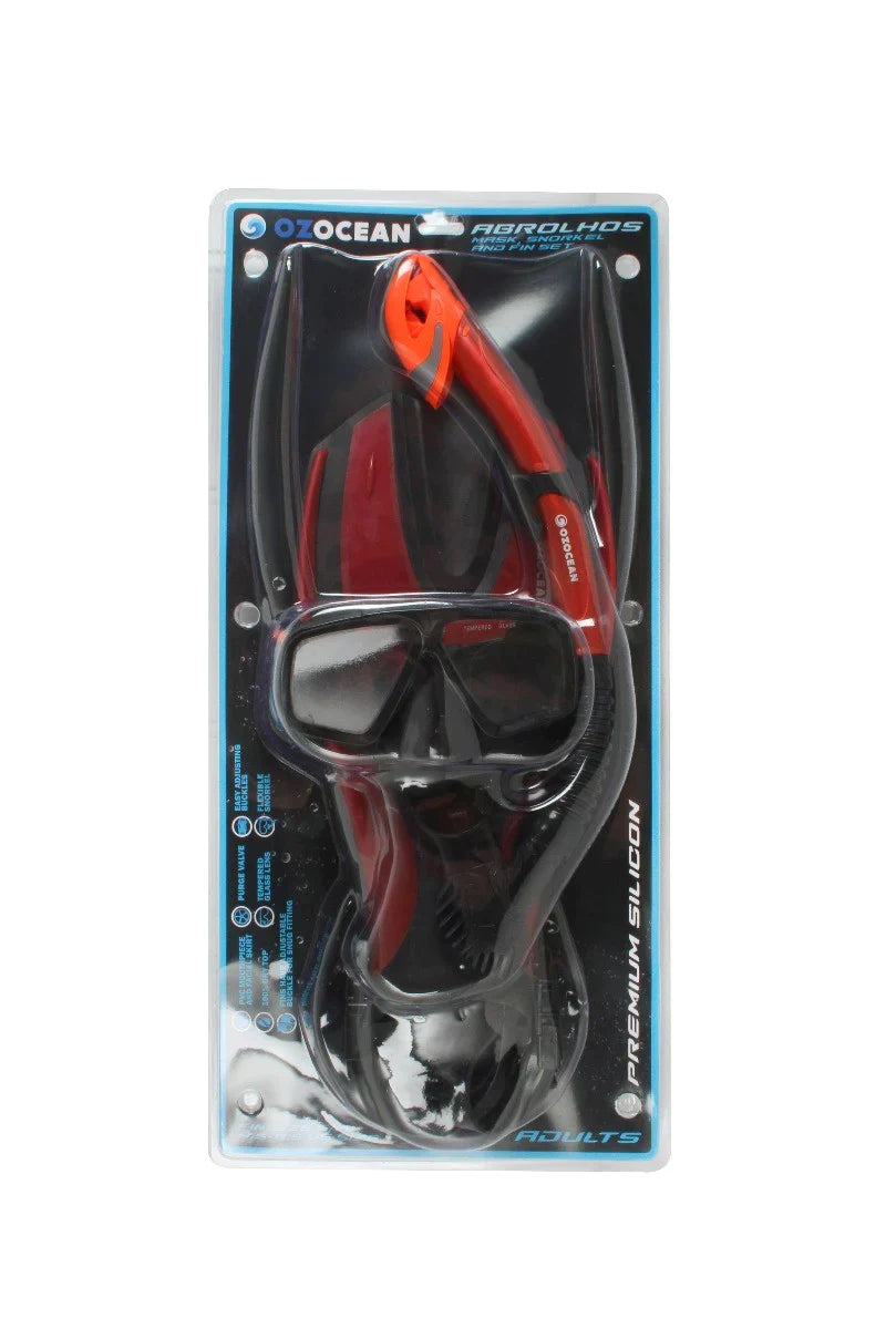 OzOcean Abrolhos Adult Mask, Fin and Snorkel Set - Red/Black (S/M)