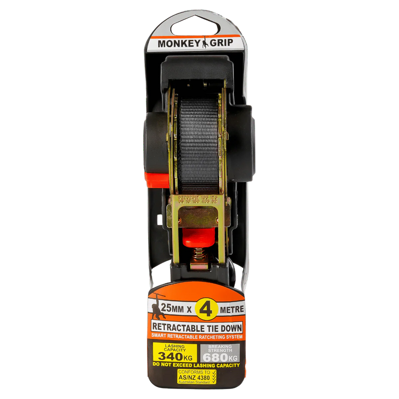 Monkey Grip Auto Retractable Ratchet Tie Down Straps (25mm/4m)