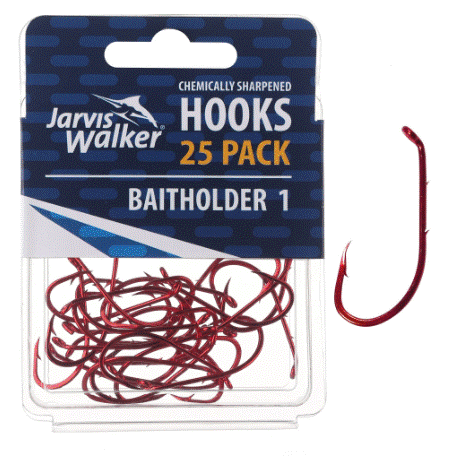 Jarvis Walker Baitholder #1 Chemically Sharpened Fishing Hooks - Red (25 Pack)