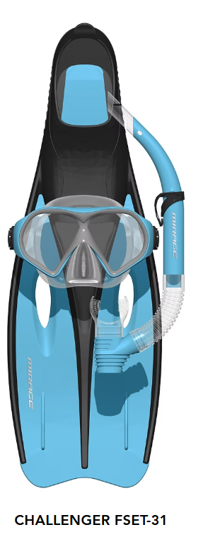 Mirage Adult Challenger Silicone Mask Snorkel and Fin Set (Large) - Skye Blue