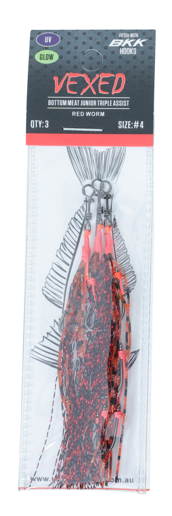 Vexed Bottom Meat Junior Triple Assist Hooks Red Worm (Assorted Hook Sizes)