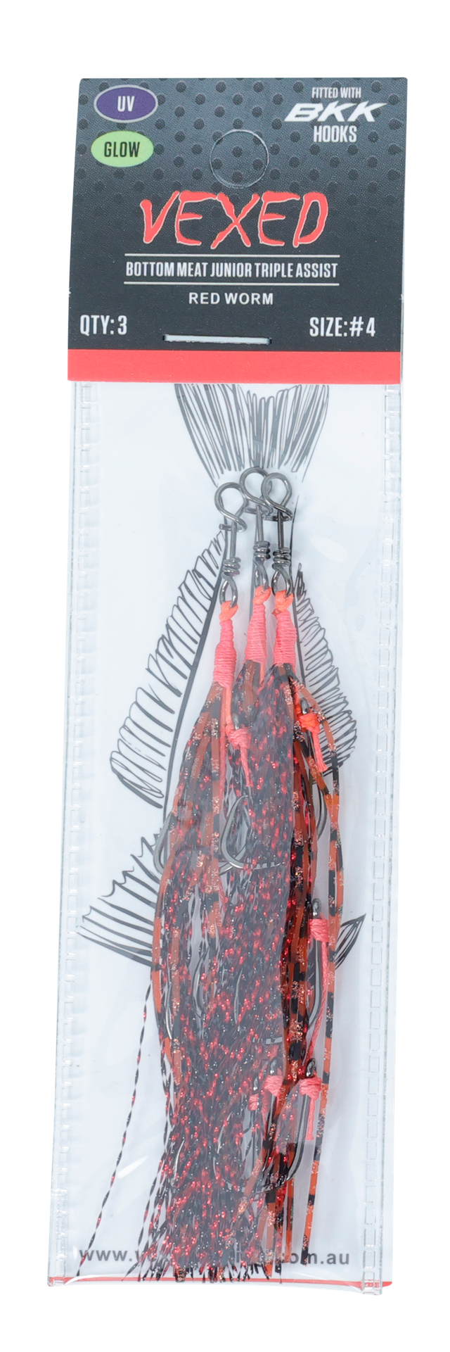 Vexed Bottom Meat Junior Triple Assist Hooks Red Worm (Assorted Hook Sizes)