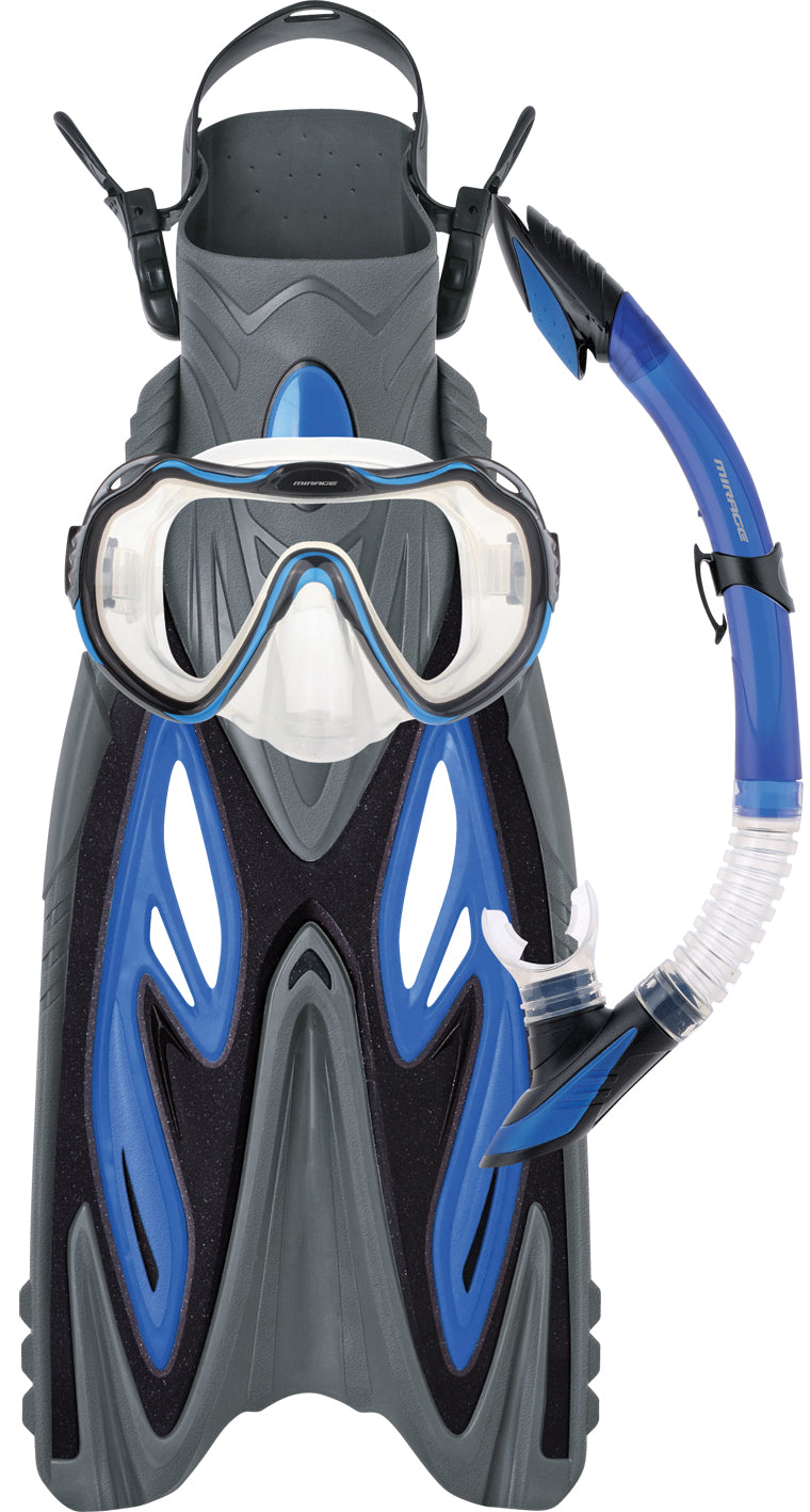 Mirage Adult Diamond Gold Series Silicone Mask, Snorkel & Fin Set - Blue (Large / X-Large)