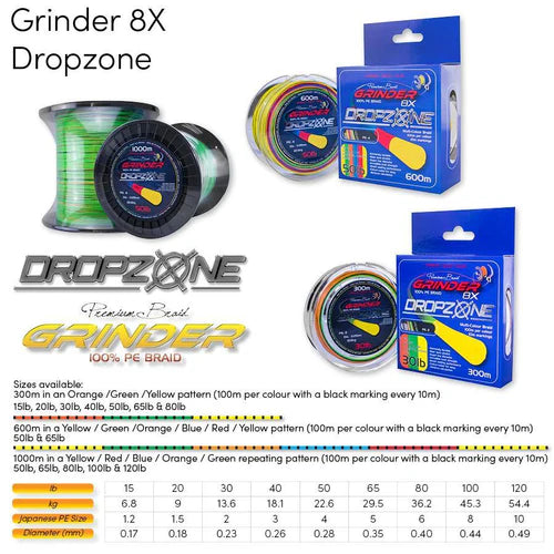 Grinder DropZone Braid 100lb (600m) - Multi Colour