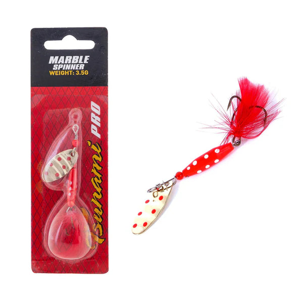 Tsunami Marble Spinner Lure Red White Dot, Gold/Red, Red Feather (3.5g)