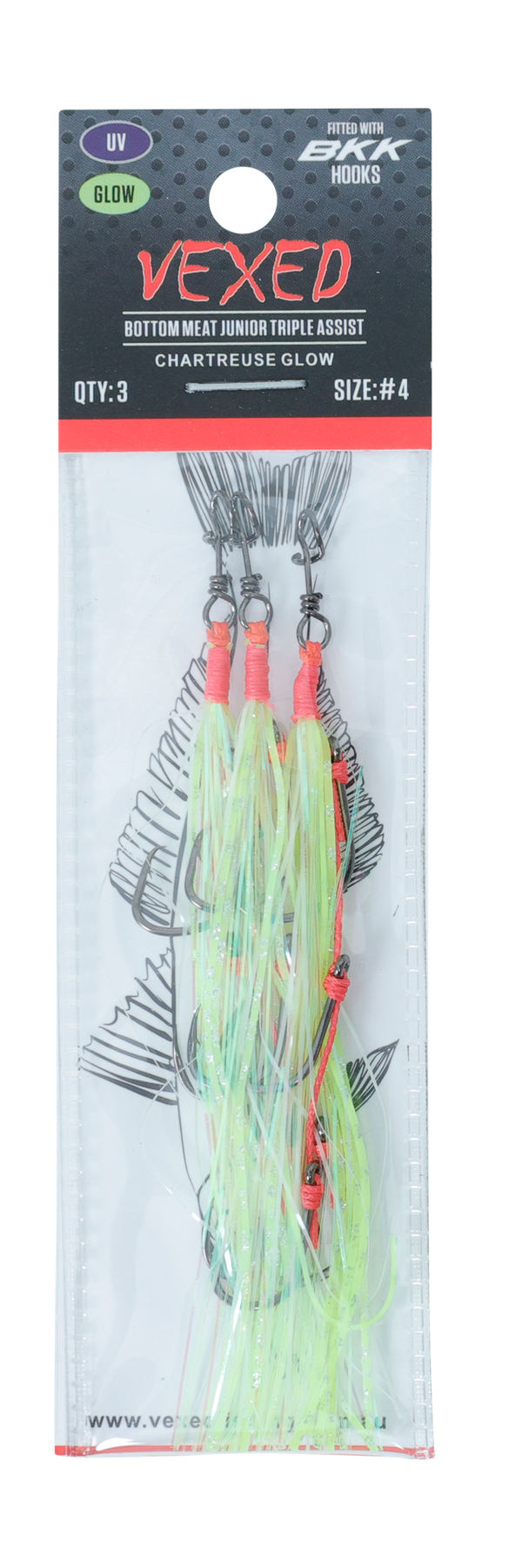 Vexed Bottom Meat Junior Triple Assist Hooks Chartreuse Glow (Assorted Hook Sizes)