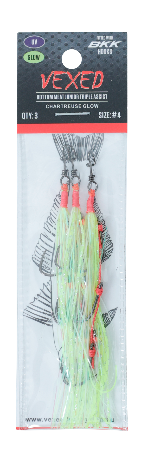 Vexed Bottom Meat Junior Triple Assist Hooks Chartreuse Glow (Assorted Hook Sizes)