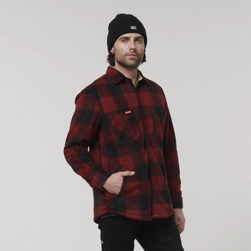 Hard Yakka Men's Legends Sherpa Flannelette Long Sleeve Shirt with Free Beanie - Burgundy