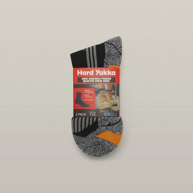 Hard Yakka Mens Core Coolmax Padded Quarter Crew Socks (2 Pack)