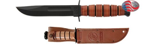 Ka-Bar USMC Short Fighting Knife 5-1/4″ Plain Blade Leather Handles and Sheath - Tan (KB1250)