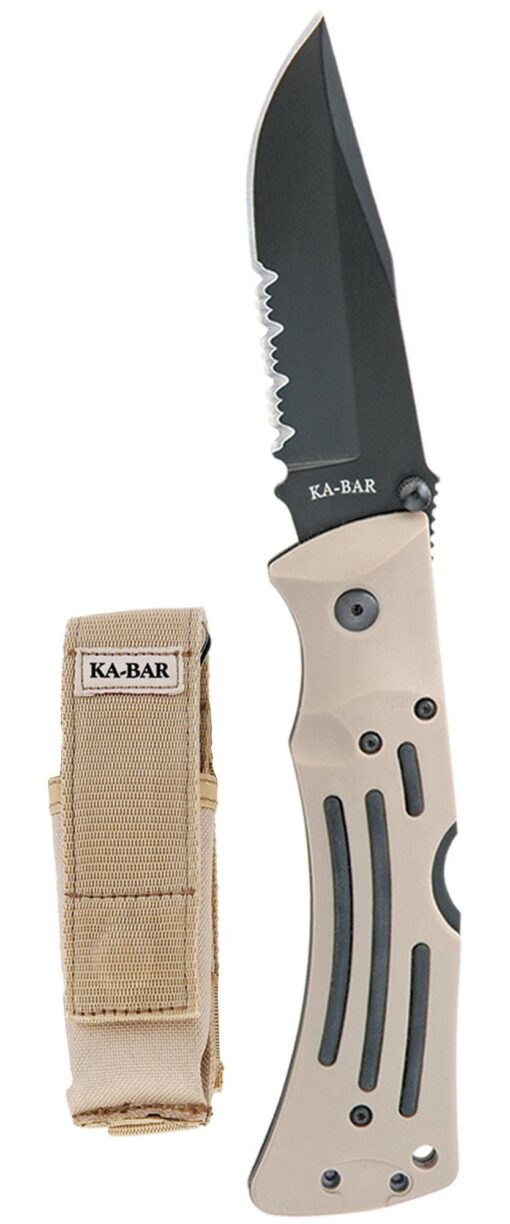 Ka-Bar Desert MULE Heavy-Duty Folder 3.875″ Clip Point Combo Blade Zytel Handles - Tan/Desert (KB3053)