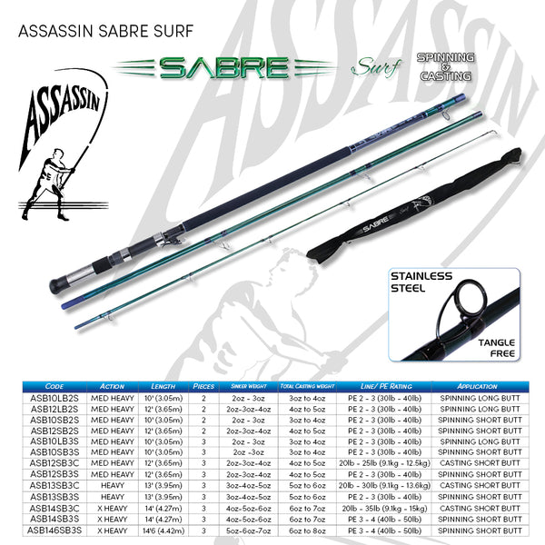 Assassin Sabre Surf Rod 13ft 3pce Long Butt Spin ASB13LB3S
