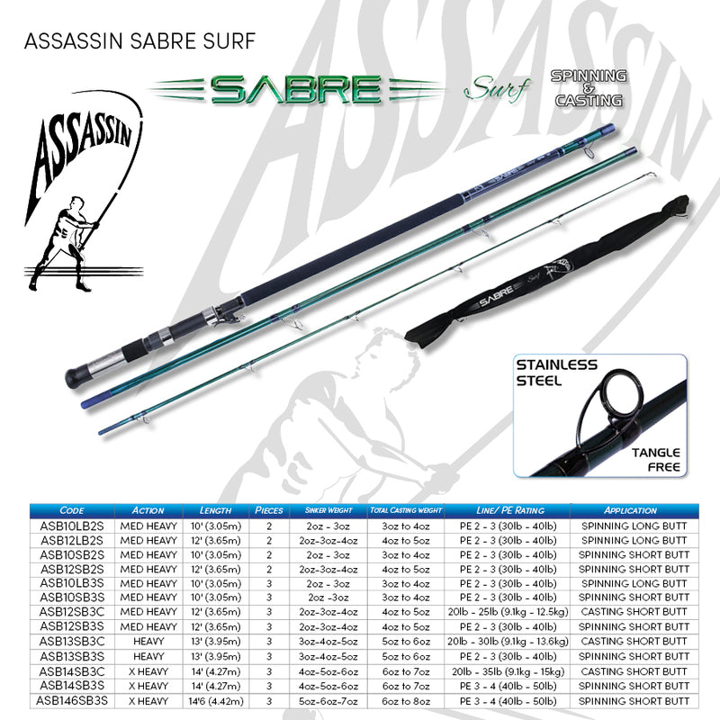 Assassin Sabre Surf Rod 12ft 2pce Long Butt Spin ASB12LB2S
