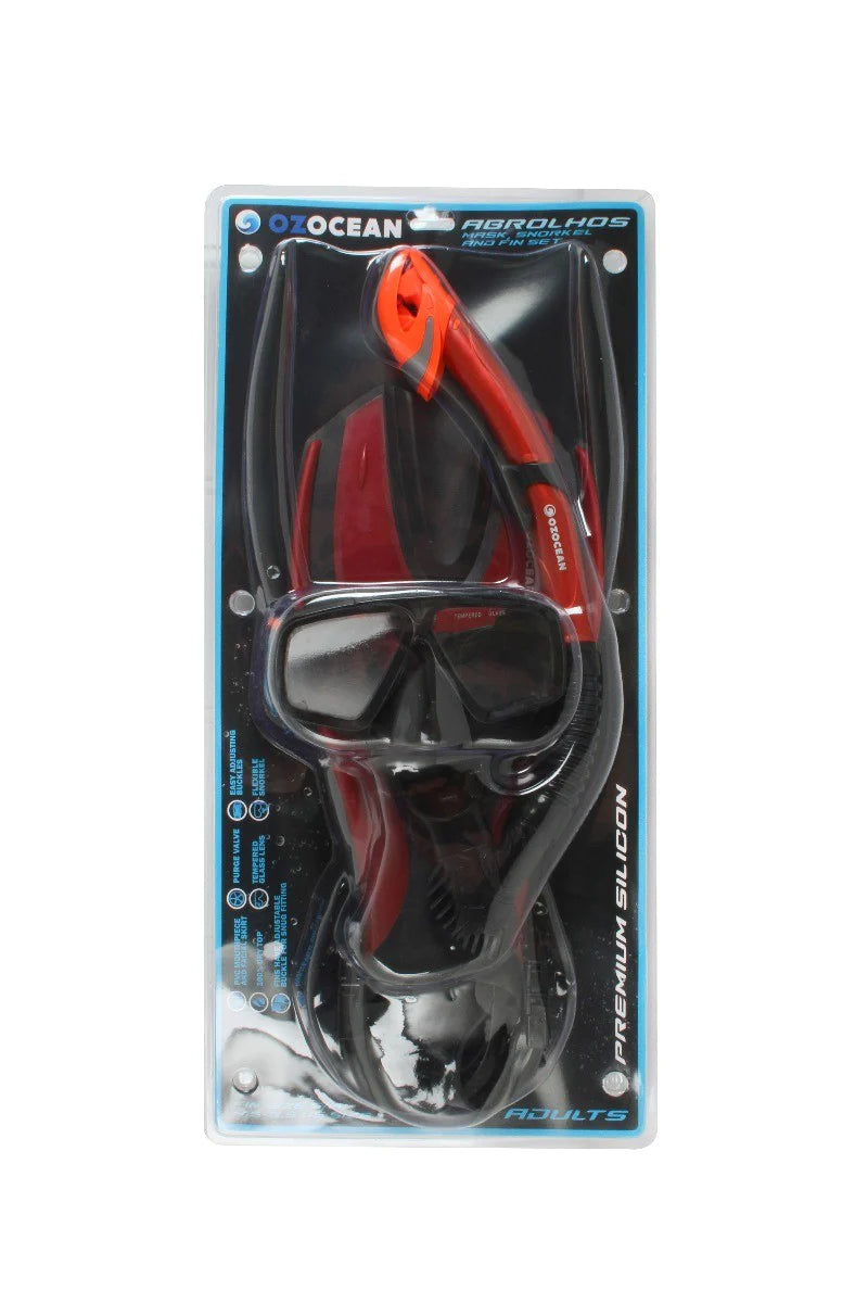 OzOcean Abrolhos Adult Mask, Fin and Snorkel Set - Red/Black (L/XL)
