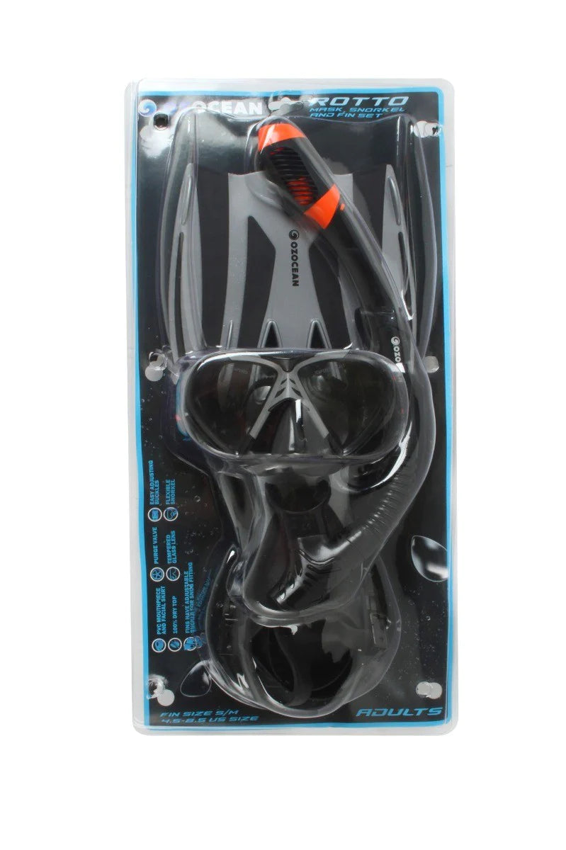 OzOcean Rotto Adult Mask, Fin and Snorkel Set - Black/Grey (S/M)