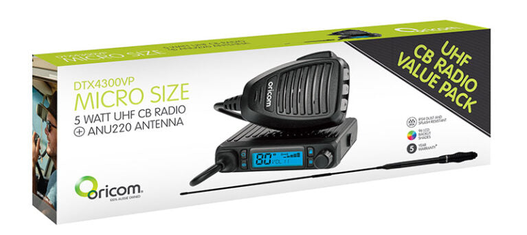 Oricom IP54 UHF CB Radio + ANU220 Antenna Value Pack (DTX4300VP) - Black