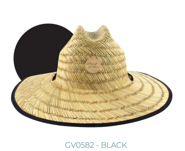 Good Vibes Fabric Trimmed Straw Hat - Black
