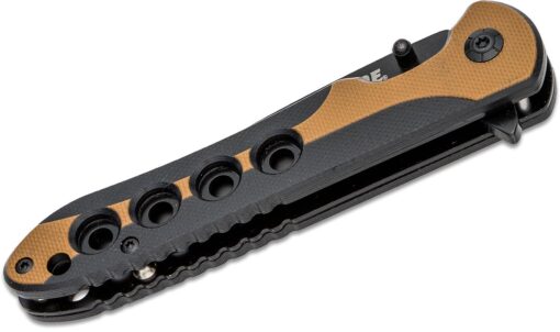 Schrade Ultra-Glide Flipper Folding Knife 3.5″ Black Oxide Drop Point Blade, Slim Tan/Black G10 Handles