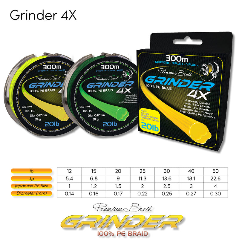 Grinder 4x Braid 15lb 300m PE1.2 (300m) - Yellow