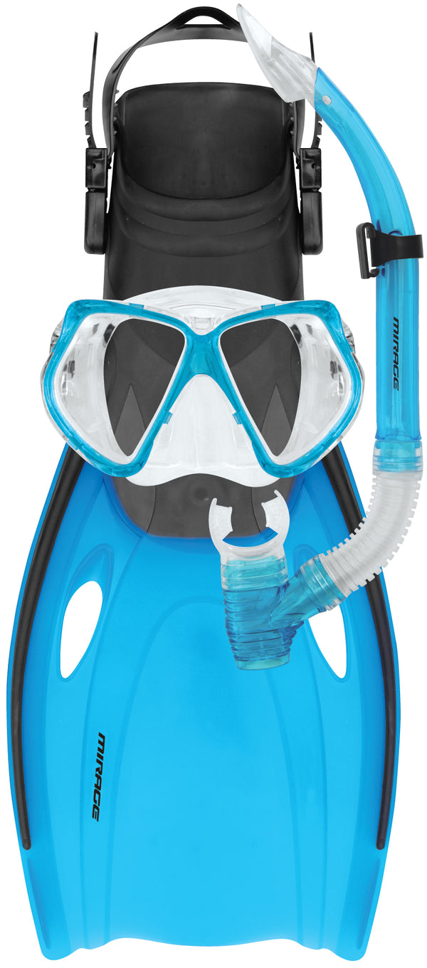 Mirage Nomad Silicone Mask, Snorkel & Fin Set - L/XL - Blue (Adult)